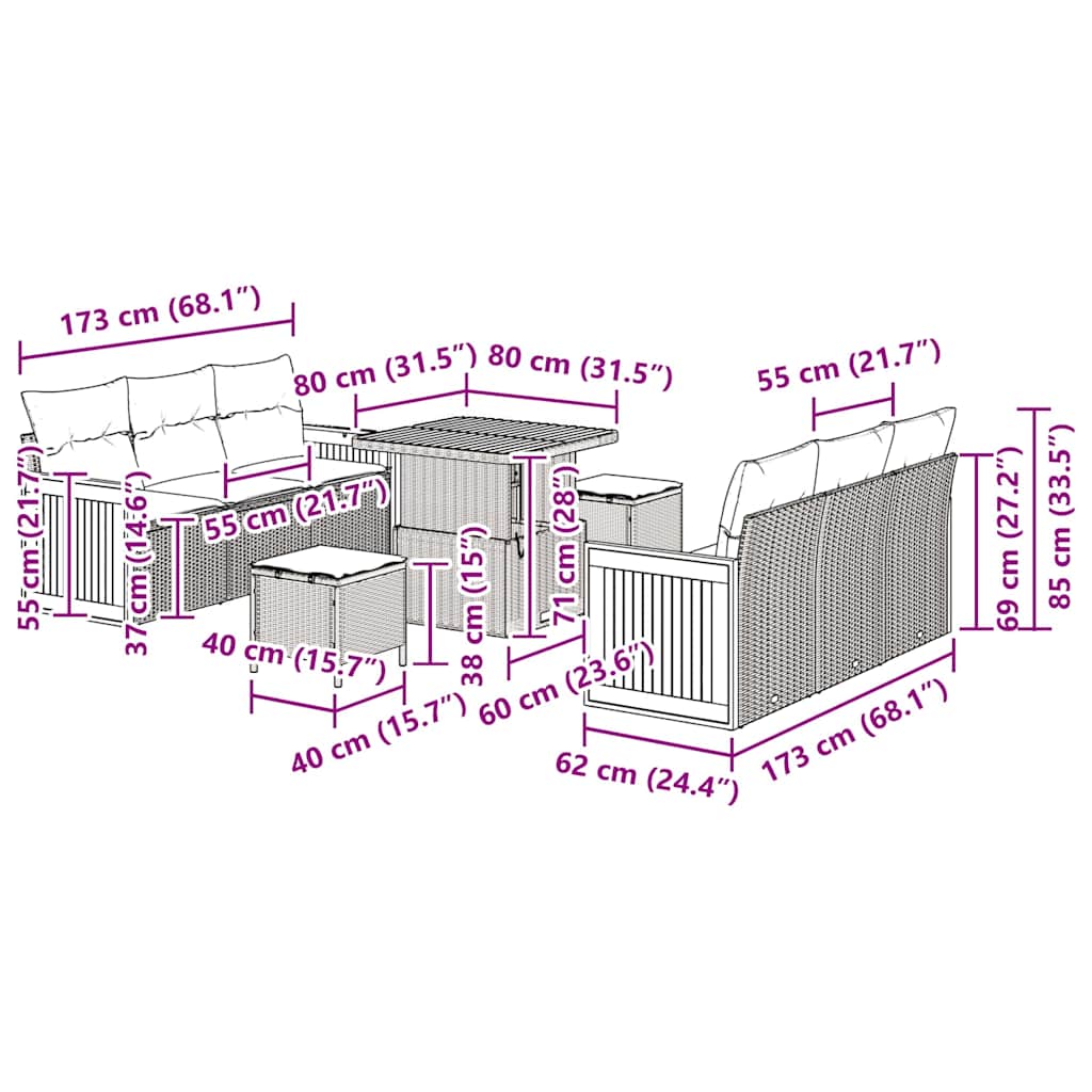 Havesofa Sæt med pude 9 pcs beige og lysegrå 80 x 80 x 71 cm