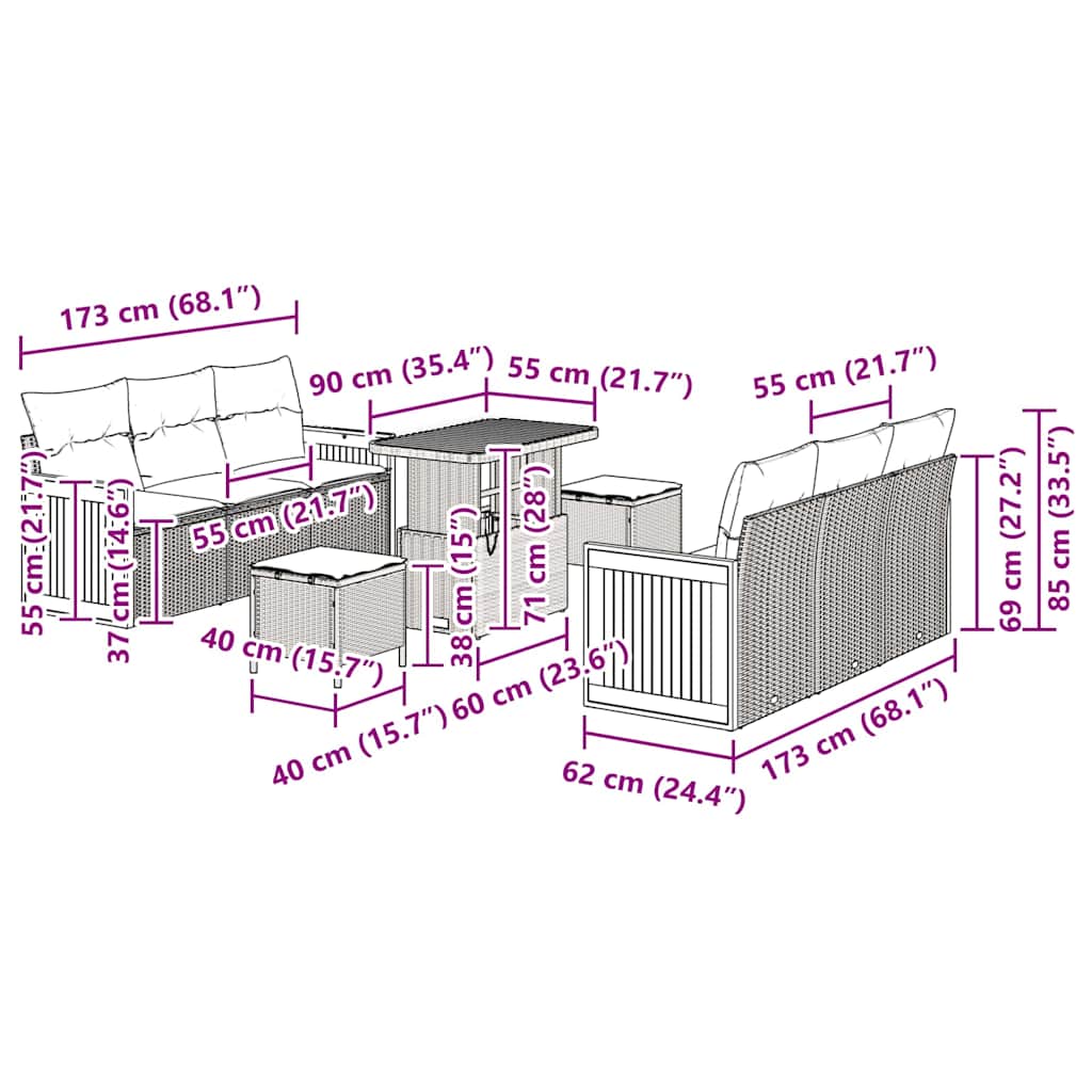Havesofa Sæt med pude 9 pcs Grå 90 x 55 x 71 cm