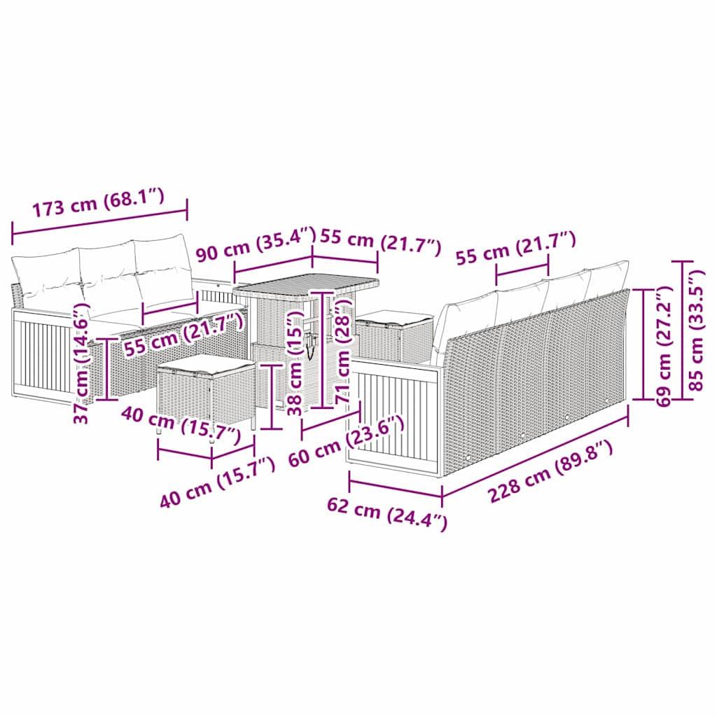 Havesofa Sæt 10 pcs Sort og cremefarvet 90 x 55 x 71 cm