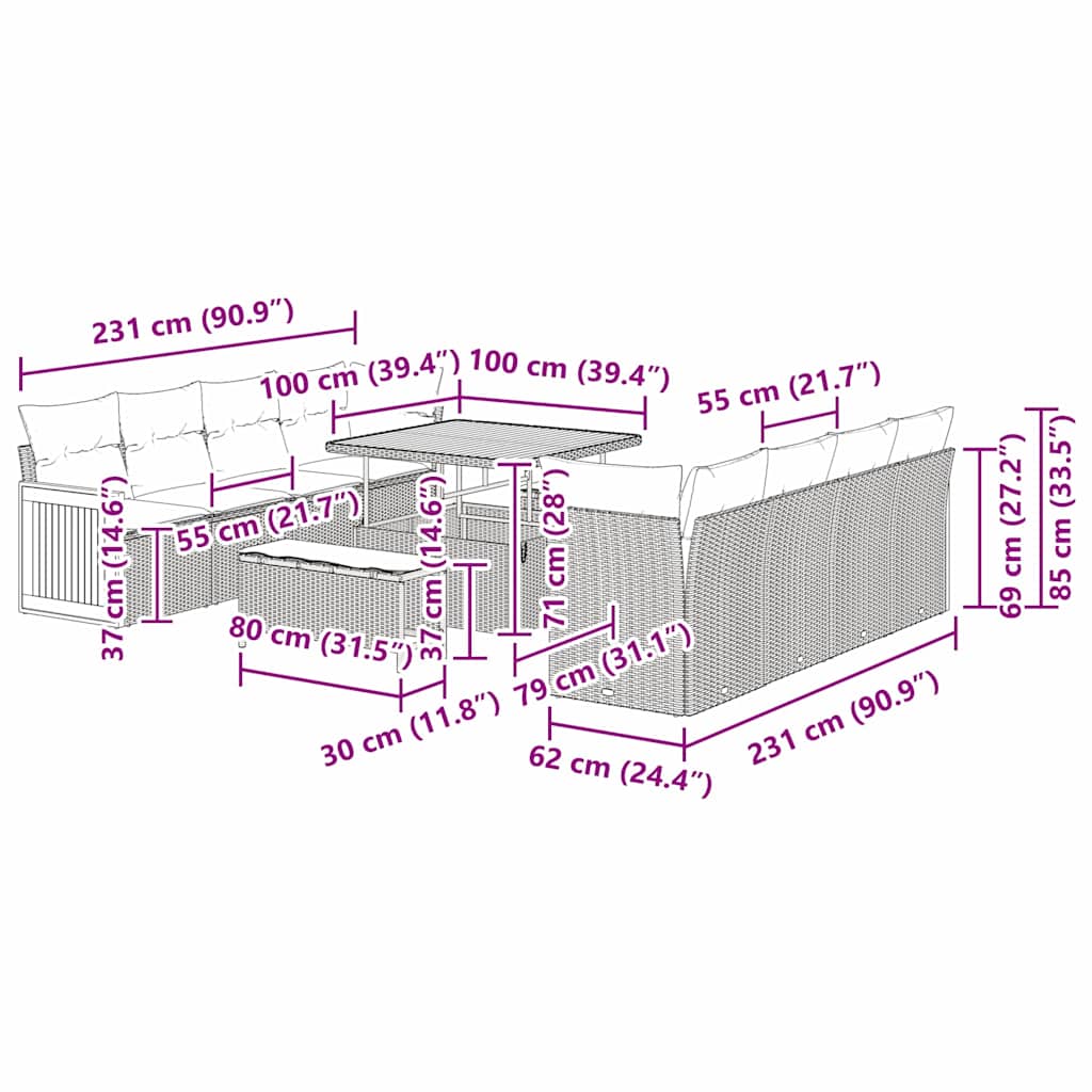Havesofa Sæt 11 pcs Sort og cremefarvet 100 x 100 x 71 cm