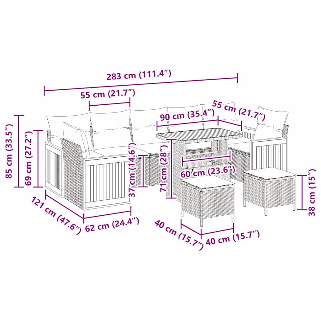 Havesofa Sæt 10 pcs beige og cremefarvet 90 x 55 x 71 cm