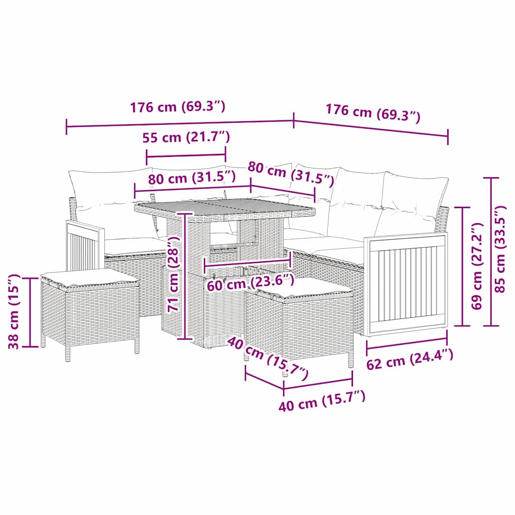 Havesofa Sæt med pude 8 pcs beige og lysegrå 80 x 80 x 71 cm