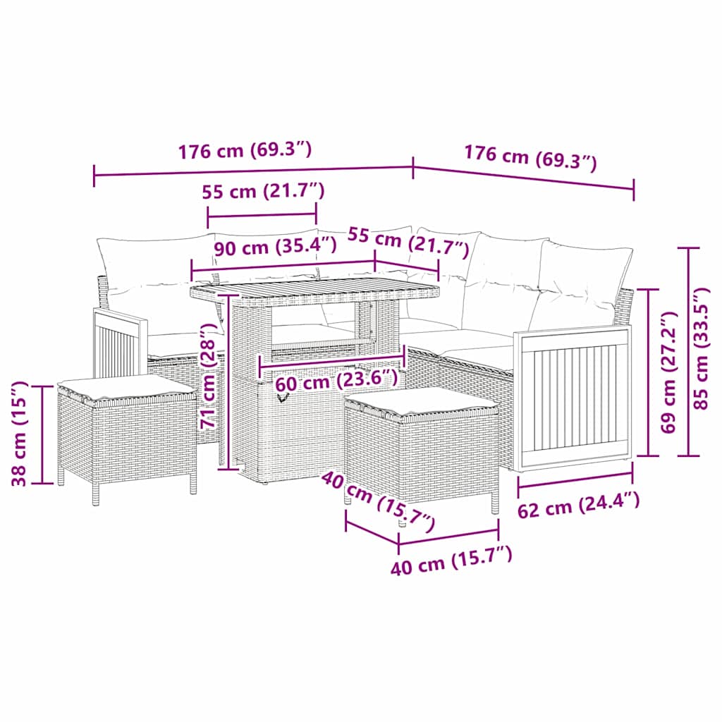 Havesofa Sæt med pude 8 pcs Grå 90 x 55 x 71 cm