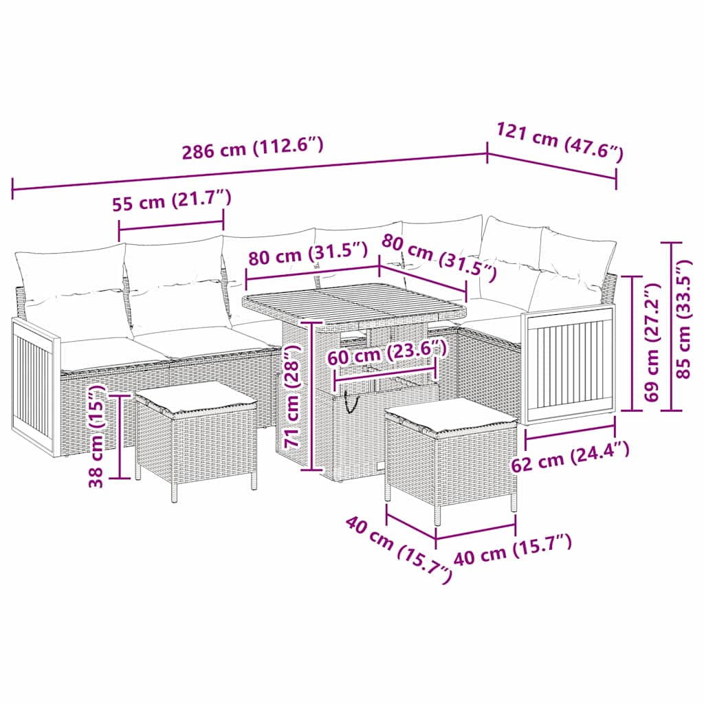 Havesofa Sæt med pude 9 pcs Sort og cremefarvet