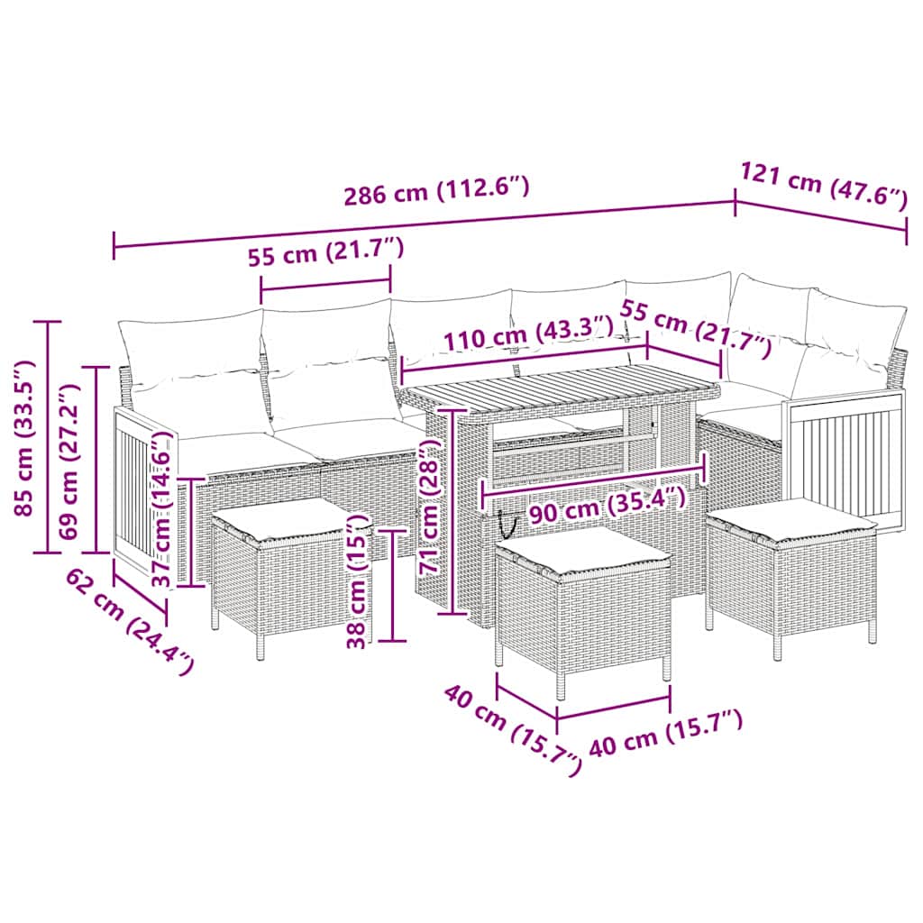 Havesofa Sæt 10 pcs Sort Polyrattan og pulverlakeret stål