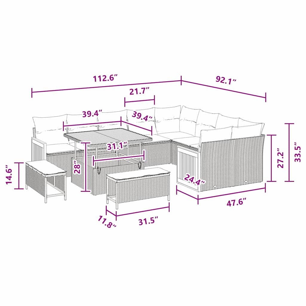 Havesofa Sæt med pude 12 pcs Sort 100 x 100 x 71 cm