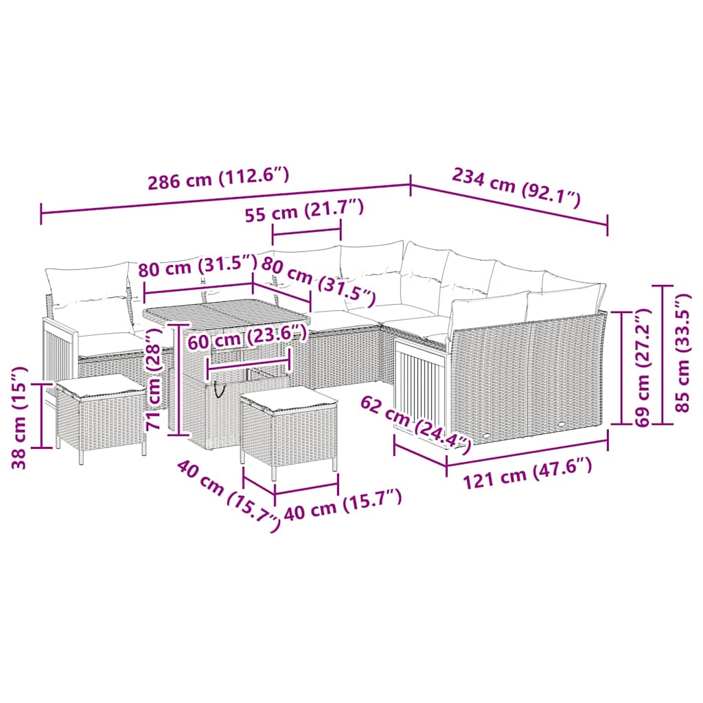 Havesofa Sæt med pude 12 pcs beige og lysegrå 80 x 80 x 71 cm