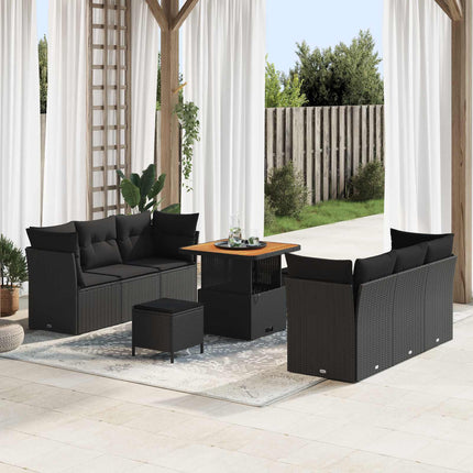 Havesofa Sæt med pude 9 pcs Sort polyrattan