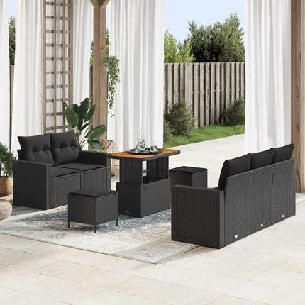 Havesofa Sæt med pude 8 pcs Sort polyrattan