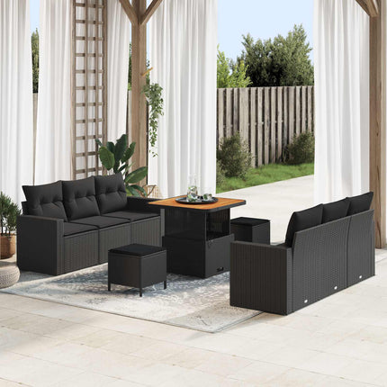 Havesofa Sæt 9 pcs Sort Polyrattan og pulverlakeret stål