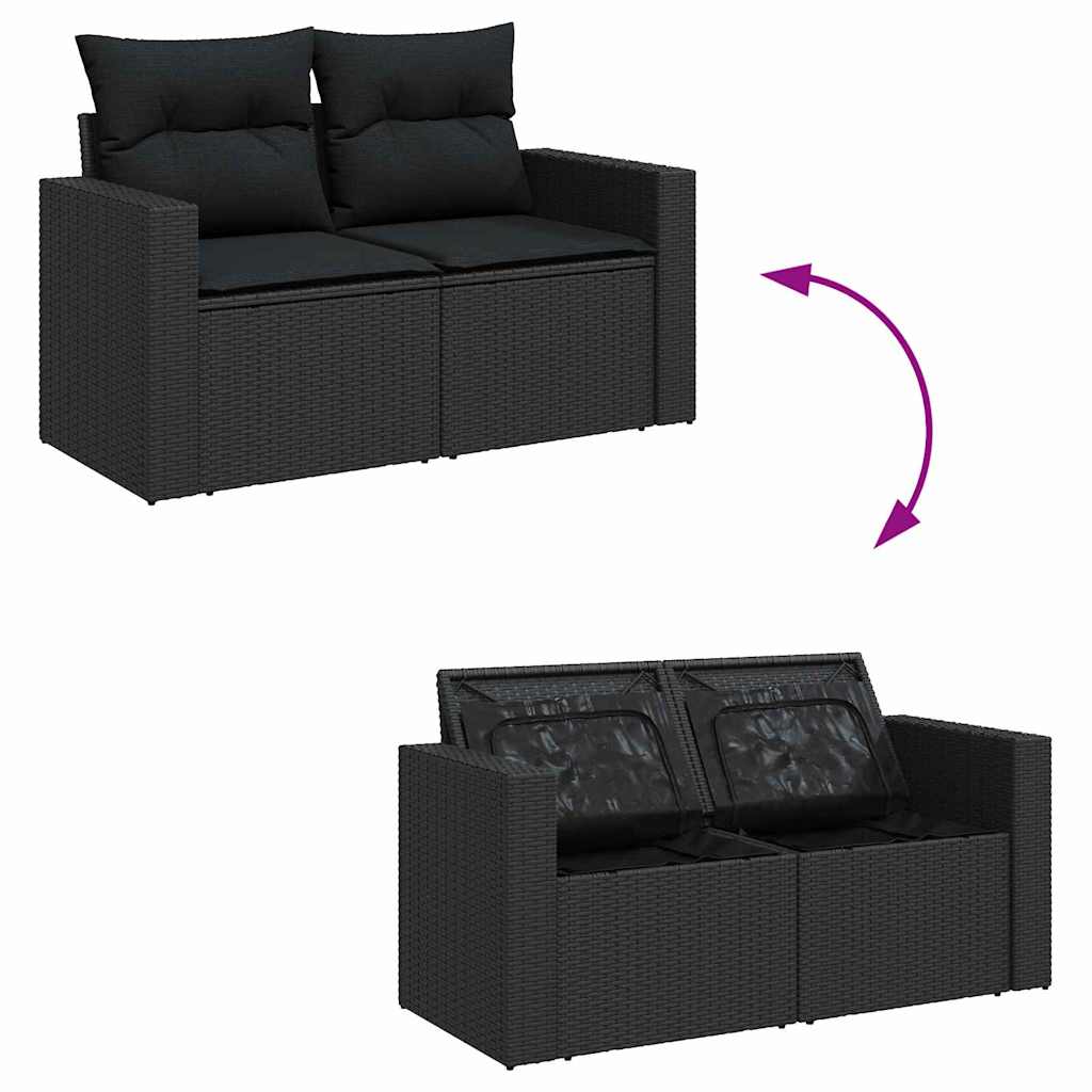 Havesofa Sæt 9 pcs Sort Polyrattan og pulverlakeret stål
