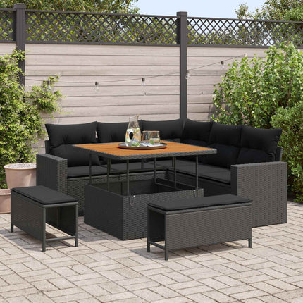 Havesofa Sæt med pude 9 pcs Sort polyrattan