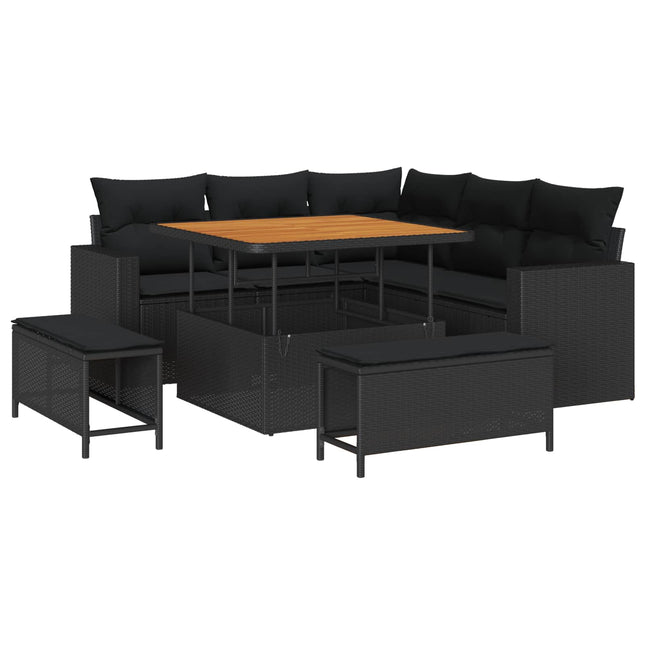 Havesofa Sæt med pude 9 pcs Sort polyrattan