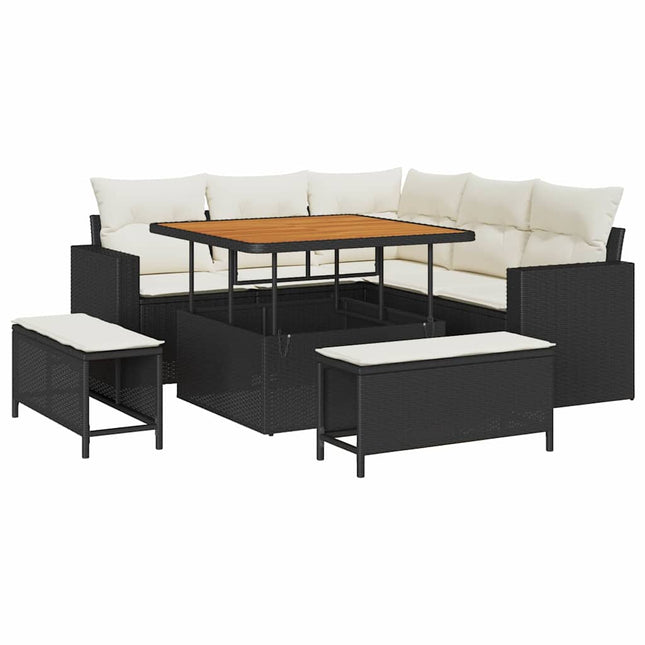 Havesofa Sæt med pude 9 pcs Sort og Cream polyrattan