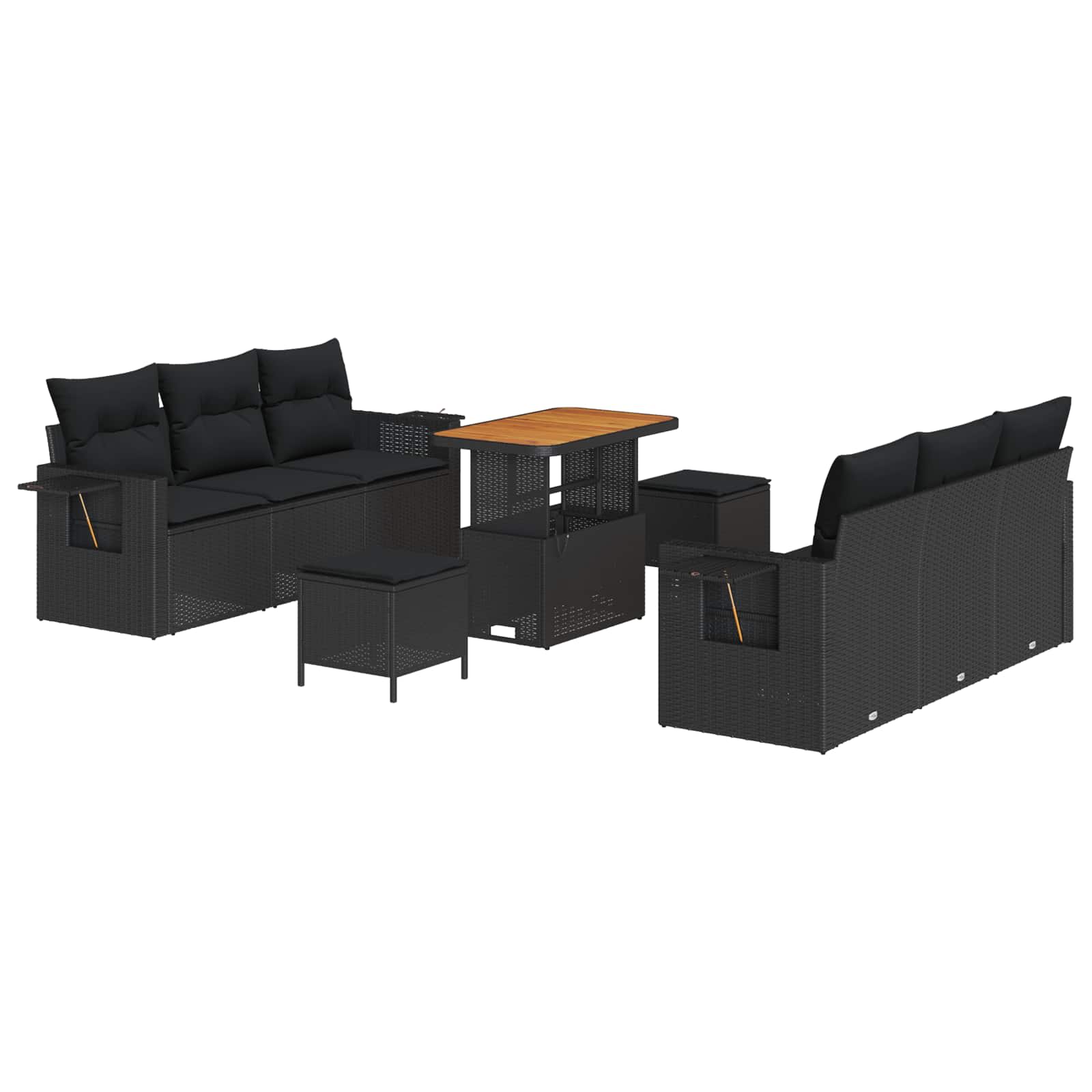 Havesofa Sæt 9 pcs Sort Polyrattan og pulverlakeret stål