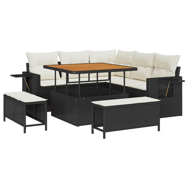 Havesofa Sæt med pude 9 pcs Sort og Cream polyrattan