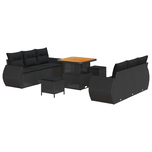 Havesofa Sæt med pude med opbevaring 9 pcs Sort polyrattan