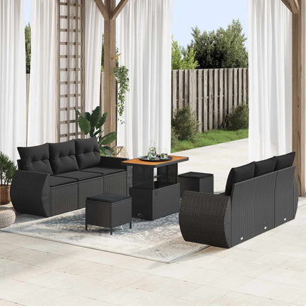 Havesofa Sæt med pude med opbevaring 9 pcs Sort polyrattan