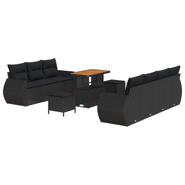 Havesofa Sæt med pude med opbevaring 10 pcs Sort polyrattan