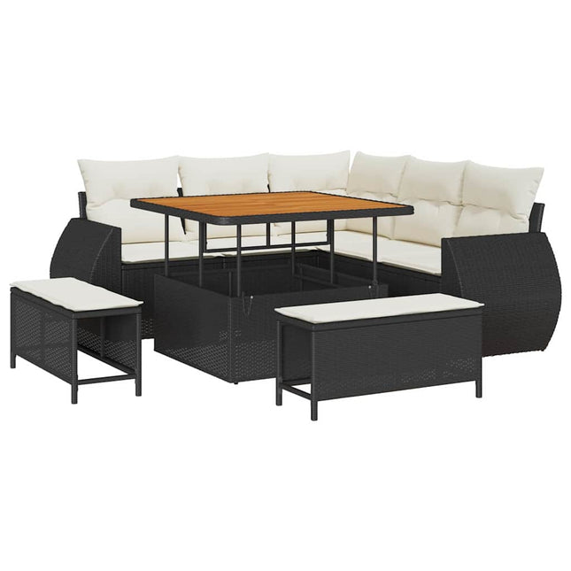 Havesofa Sæt med pude med pude 8 pcs Sort og Cream polyrattan