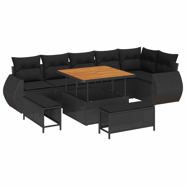 Havesofa Sæt med pude med opbevaring 9 pcs Sort Poly Rattan