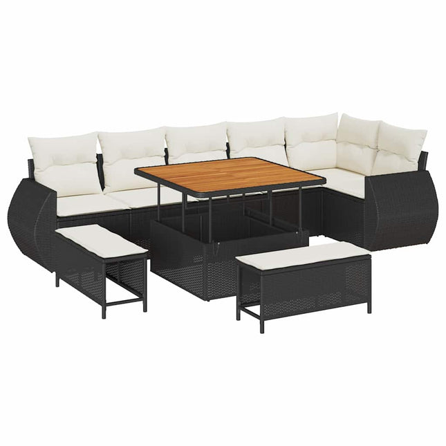 Havesofa Sæt med pude med pude 9 pcs Sort og Cream Poly Rattan
