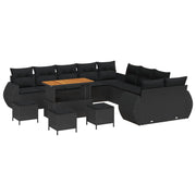 Havesofa Sæt 14 pcs Sort Polyrattan og pulverlakeret stål