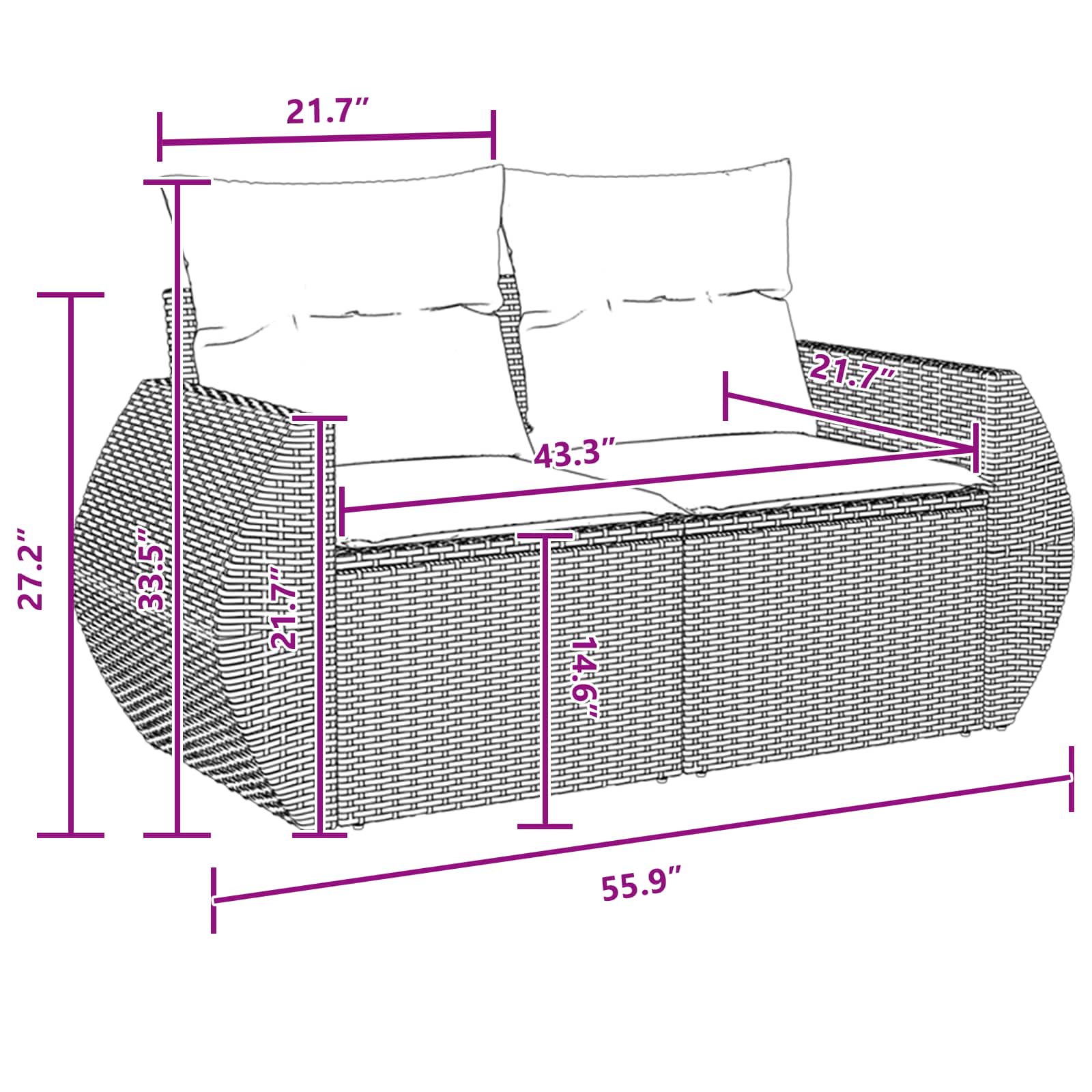 Havesofa Sæt 14 pcs Sort Polyrattan og pulverlakeret stål