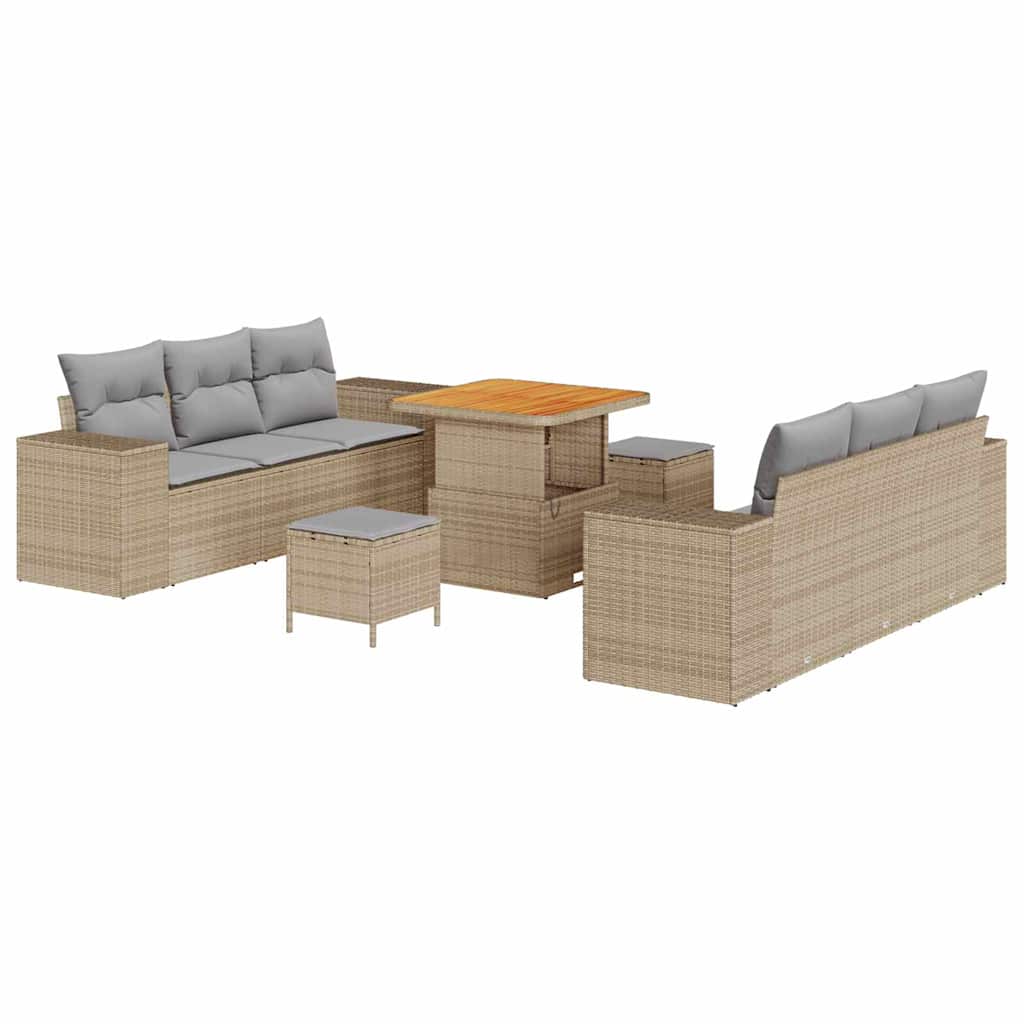 Havesofa Sæt med pude 9 pcs Beige og lys grå Poly Rattan