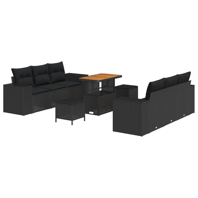 Havesofa Sæt med pude med opbevaring 9 pcs Sort Poly Rattan