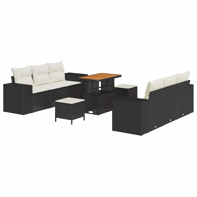 Havesofa Sæt med pude med pude 9 pcs Sort og Cream Poly Rattan