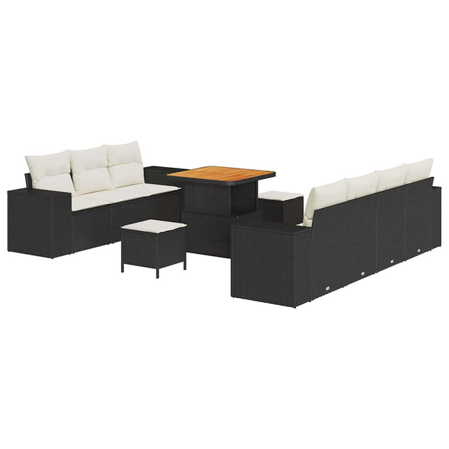 Havesofa Sæt med pude med pude 10 pcs Sort og Cream Poly Rattan