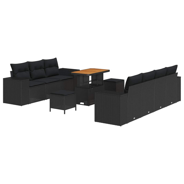 Havesofa Sæt med pude med opbevaring 10 pcs Sort Poly Rattan
