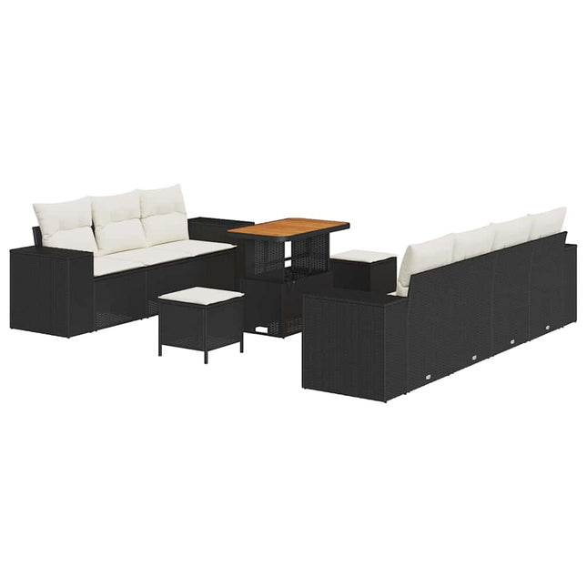 Havesofa Sæt med pude med pude 10 pcs Sort og Cream Poly Rattan