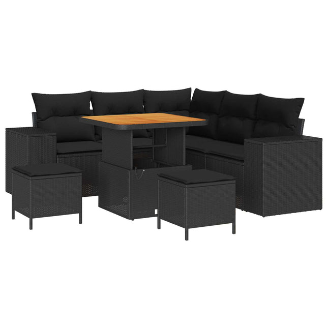 Havesofa Sæt med pude med opbevaring 8 pcs Sort polyrattan