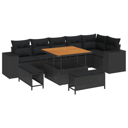 Havesofa Sæt med pude 9 pcs Sort polyrattan