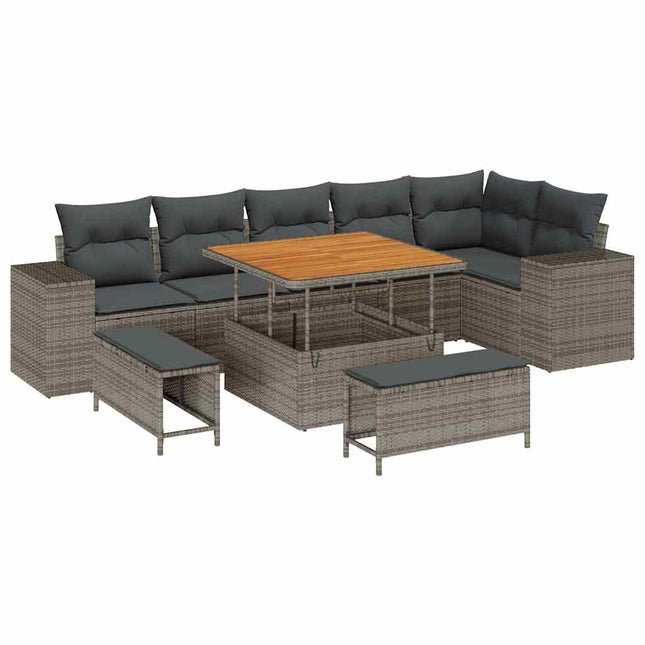 Havesofa Sæt med pude 9 pcs Grå polyrattan