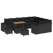 Havesofa Sæt 12 pcs Sort Polyrattan, stål og massivt akacietræ
