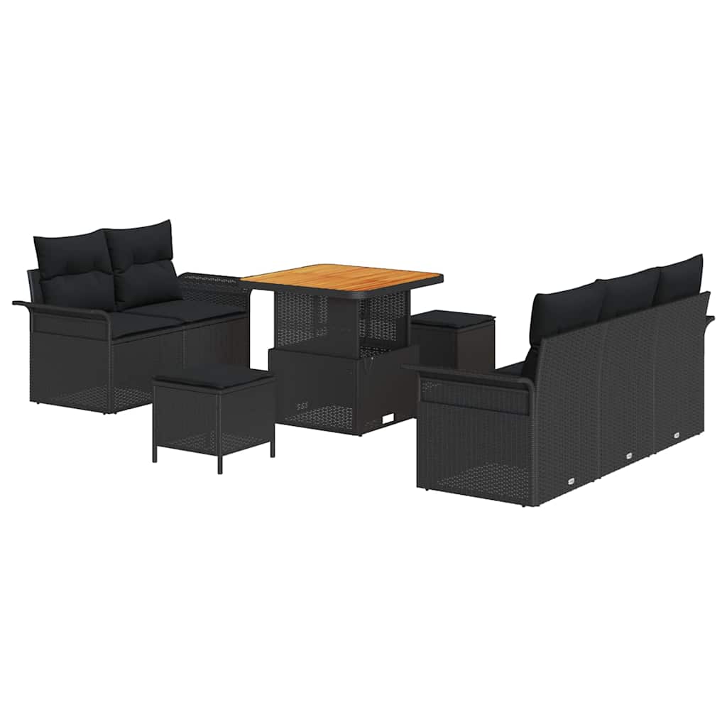 Havesofa Sæt 8 pcs Sort Polyrattan, stål og massivt akacietræ