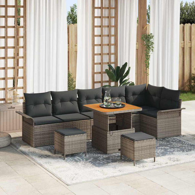 Havesofa Sæt 9 pcs Grå Poly Rattan og Stål og Massivt akacietræ