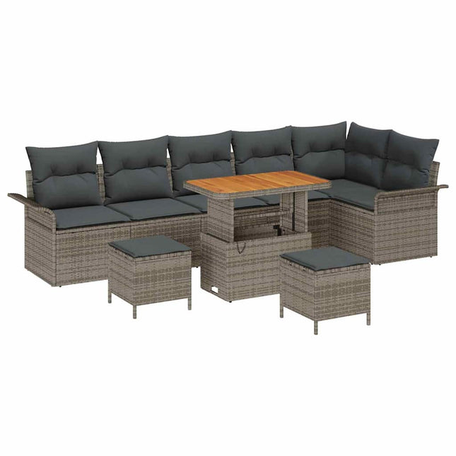 Havesofa Sæt 9 pcs Grå Poly Rattan og Stål og Massivt akacietræ