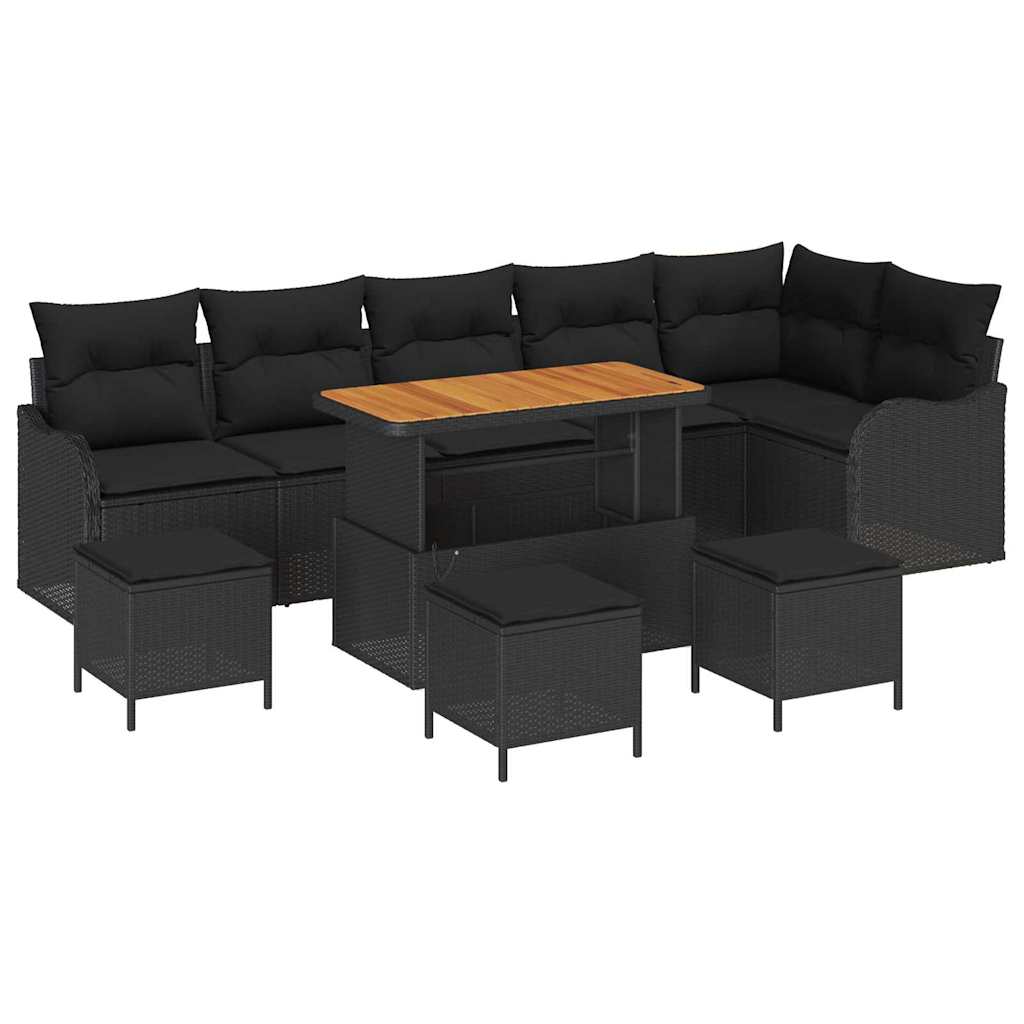 Havesofa Sæt 10 pcs Sort Polyrattan, stål og massivt akacietræ