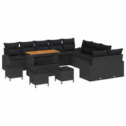 Havesofa Sæt 14 pcs Sort Polyrattan, stål og massivt akacietræ