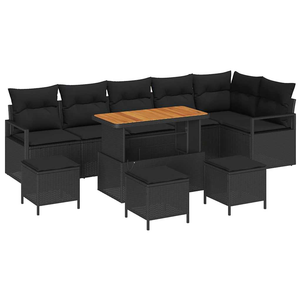 Havesofa Sæt 10 pcs Sort Polyrattan, stål og massivt akacietræ