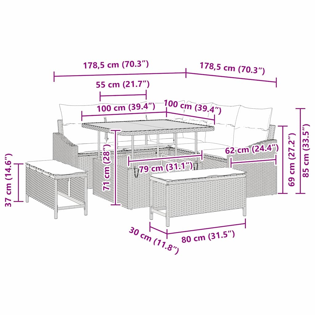 Havesofa Sæt med pude med opbevaring 8 pcs Grå Poly rattan