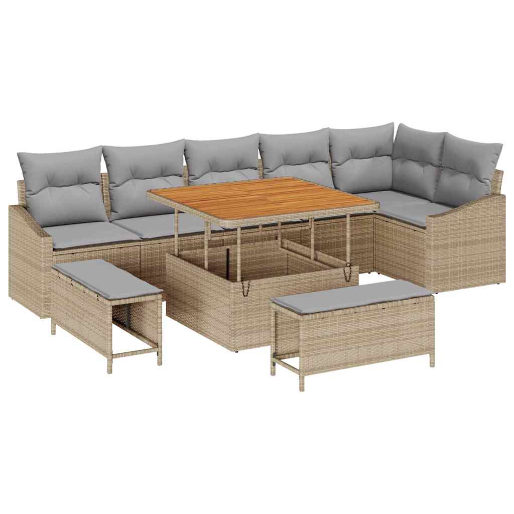 Havesofa Sæt med pude med opbevaring 9 pcs Beige Poly rattan