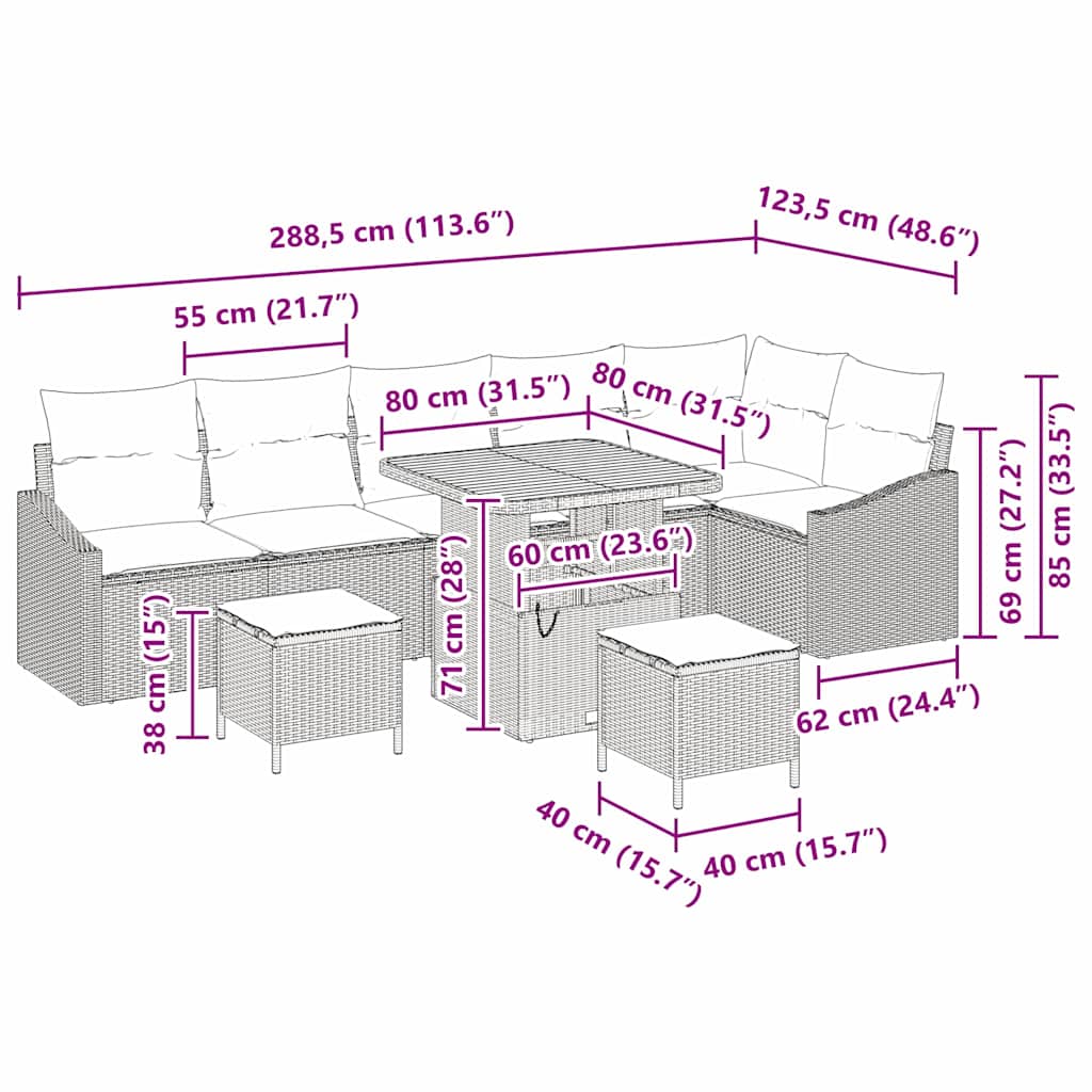 Havesofa Sæt med pude med opbevaring 9 pcs Sort Poly rattan
