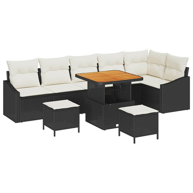 Havesofa Sæt med pude med opbevaring 9 pcs Sort Poly rattan