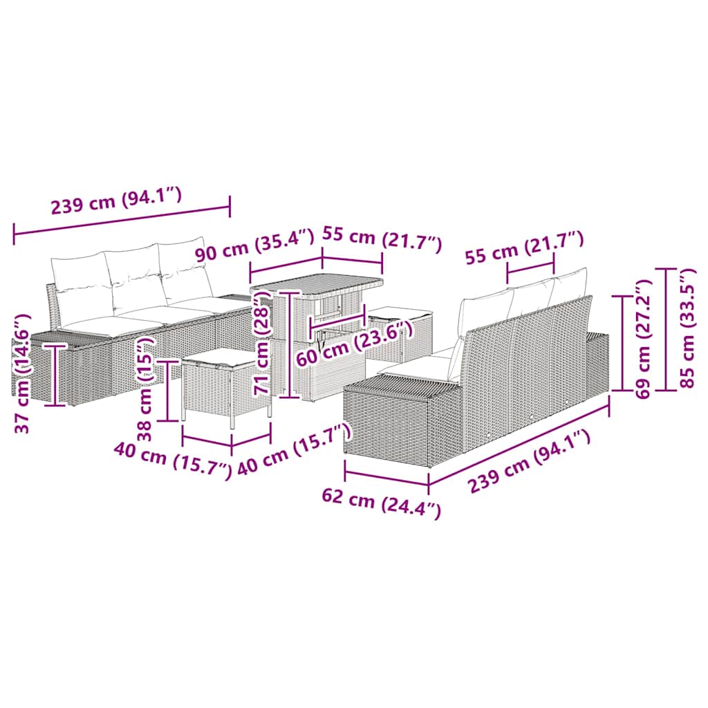 Havesofa Sæt med pude med opbevaring 9 pcs Sort Poly rattan