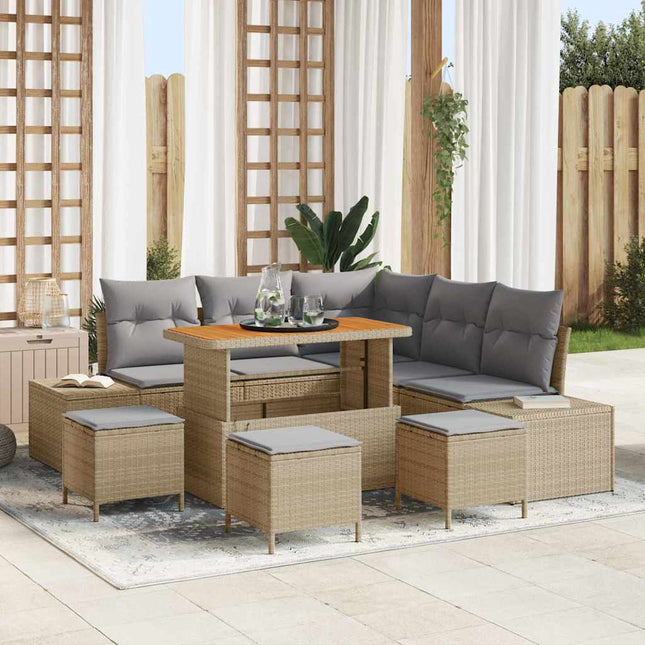 Havesofa Sæt med pude med opbevaring 9 pcs Beige Poly rattan